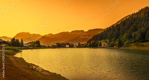 Countryside landscape in the French Alps Mountains.Sunset over the Chatel village, Portes du Soleil region touristic.