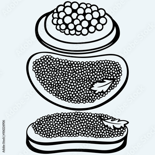 Sandwich with butter and caviar. Isolated on blue background. Vector silhouettes