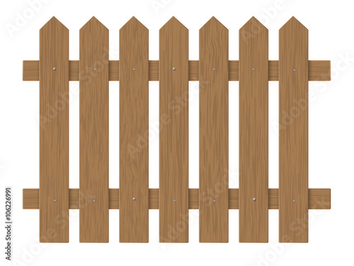 brown wooden fence, barrier in the garden on the farm or in the village. Element front garden landscaping.