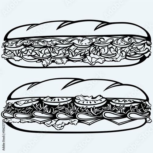 Sub Sandwich with sausage, cheese, lettuce and tomato. Isolated on blue background. Vector silhouettes