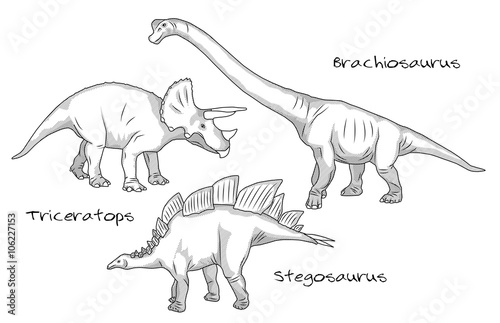 Thin line engraving style illustrations, various kinds of prehistoric dinosaurs, it includes brachiosaurus, stegosaurus and triceratops.