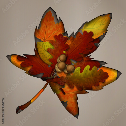 Vector background autumn maple leaf incision in the paper. Retro background with autumn leaf. Season backdrop. Autumn template. 