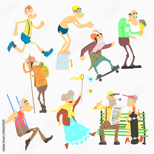 Old People Activities, Flat Vector Illustration Set