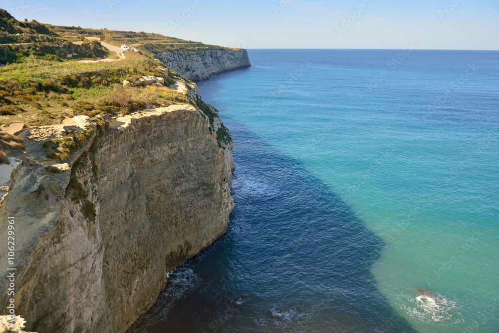Cliffs around Fomm ir-Rih, most remote and difficult-to-reach bay of Malta, in winter.