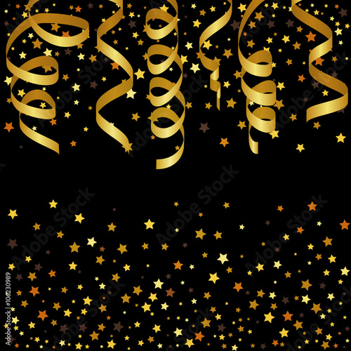 Christmas background with gold streamers and star confetti. Vector illustration