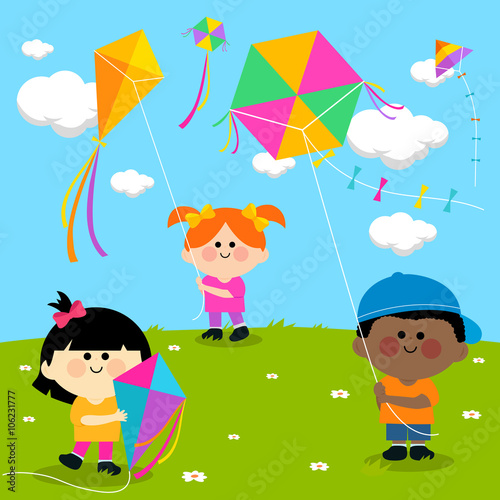 Children flying kites at the park. Vector illustration