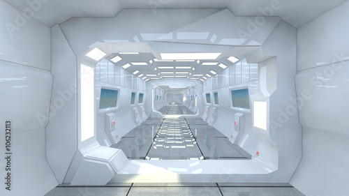 3d render. Futuristic spaceship interior corridor photo