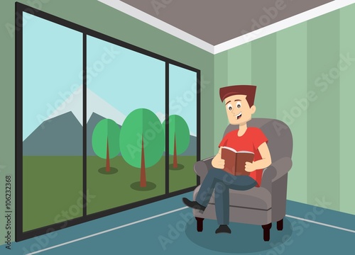 Man happily reading a book beside a window with mountain view