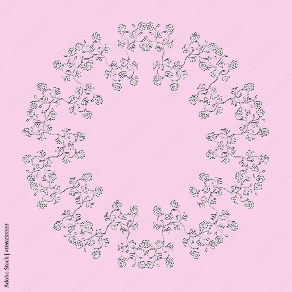 A circular floral pattern with copy space on pink background.
