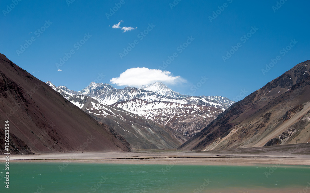 El Yeso Dam, drinking water reservoir in the Andes, Chile