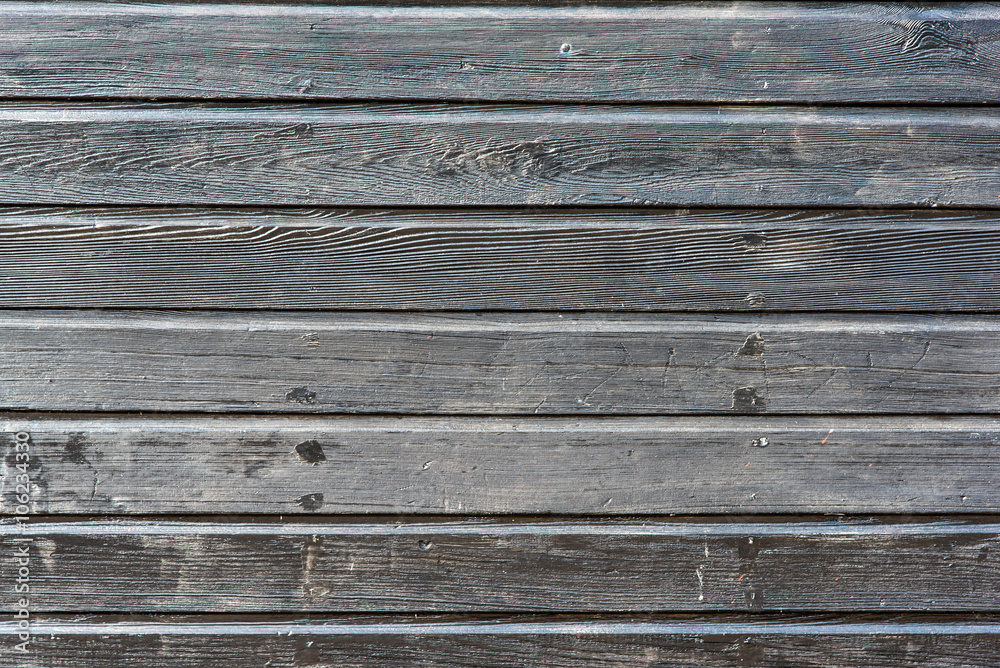 Section of grey black wooden panelling from a seaside beach hut. Ideal as a background for gardening or industrial themes.