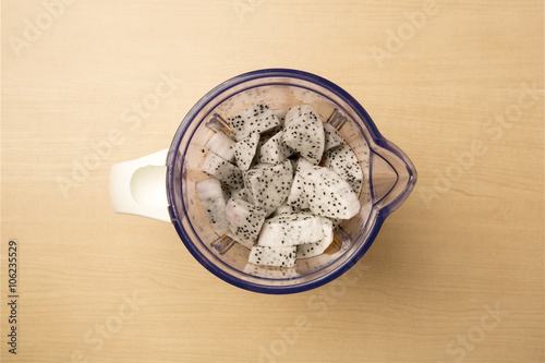 healthy food, Fresh Dragon fruit and blender, view from above