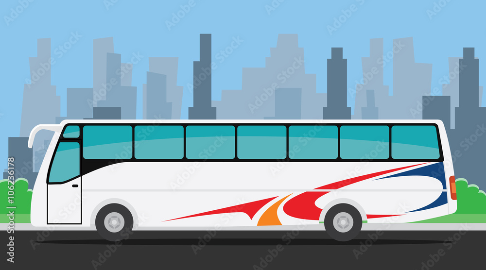 bus on the road illustration with city background