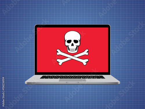 computer hacked with skull symbol and danger alert
