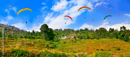 Paragliders flying over the Himalayas and rice fields , Pokhara , Nepal