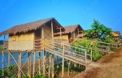 Wooden houses built on high stilts called in Chitwan, Nepal