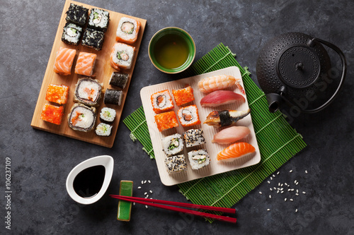 Photography Set of sushi, maki and green tea