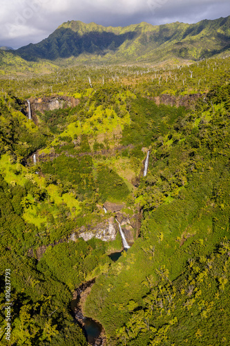 Aerial of waterfalls, Kauai, Hawaii