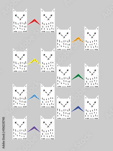 pairs of cats with tails colors of the rainbow. tails are touche