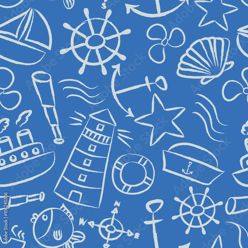 nautical sketch doodle vector icons seamless light blue pattern eps10
