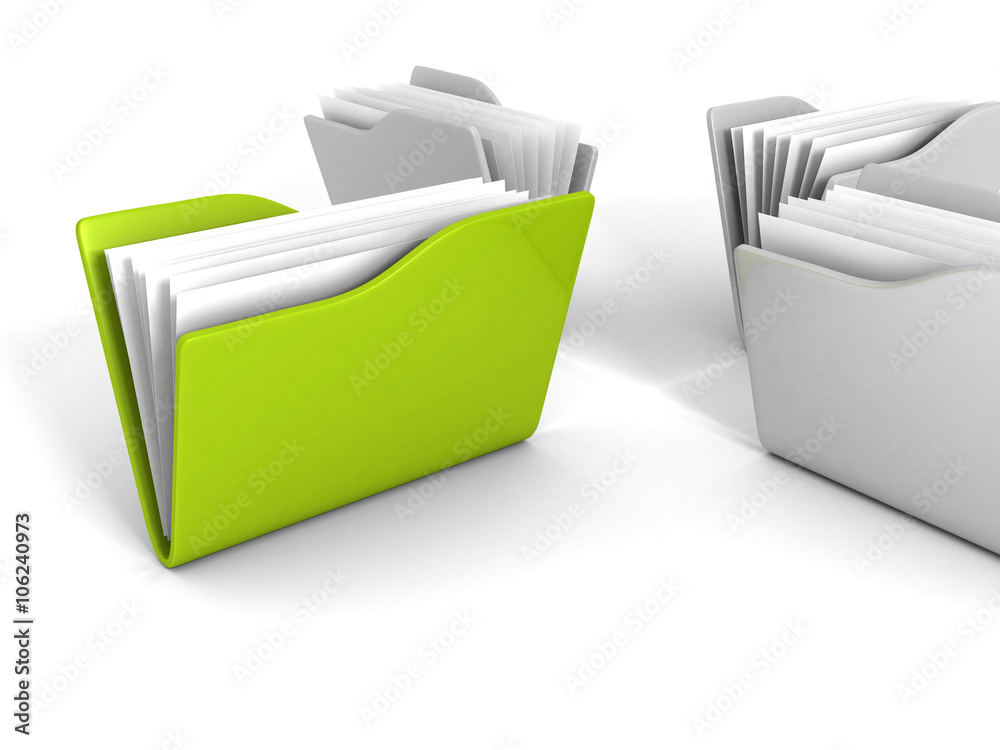 grey office folders with green one on white background grey office folders with green one on white background