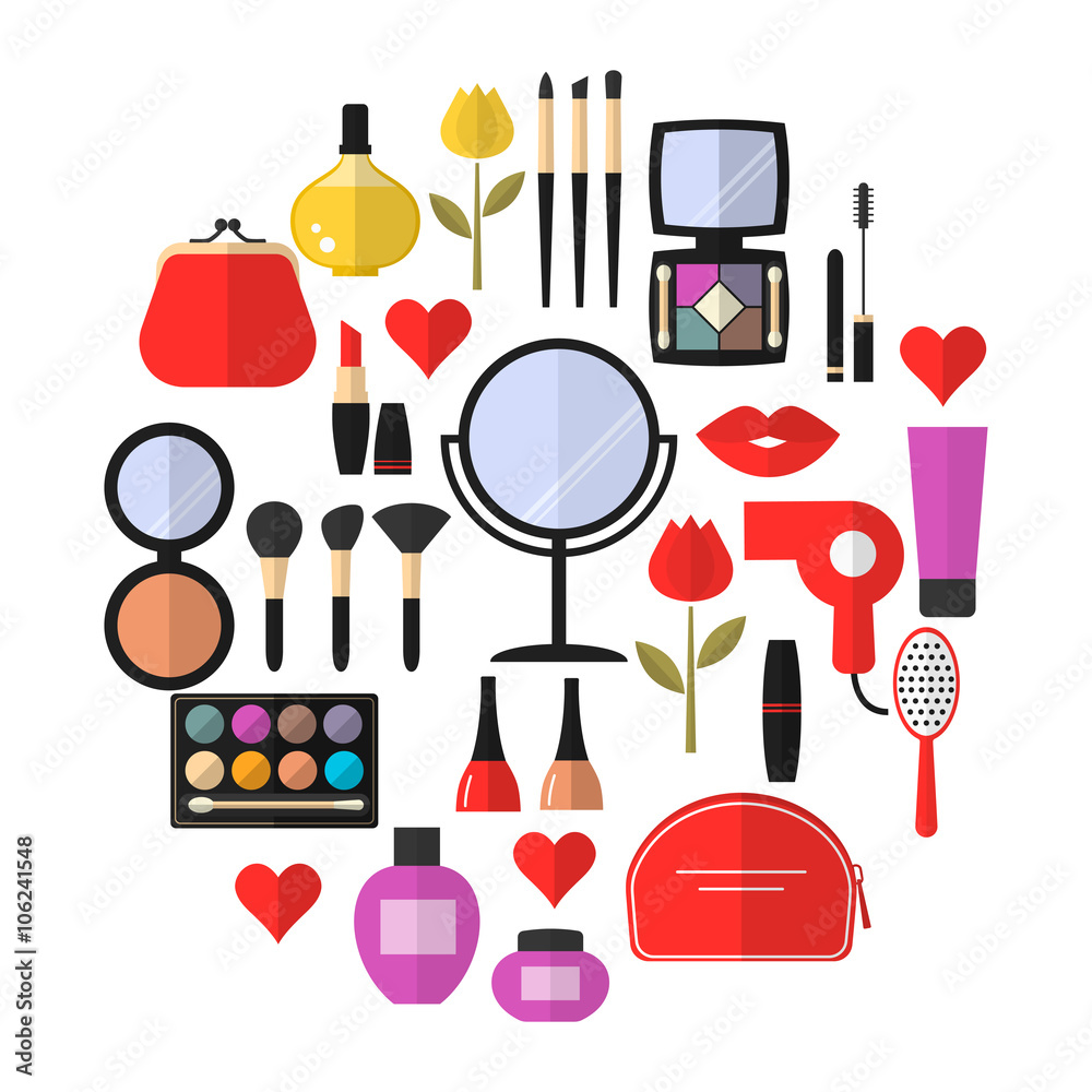 Cosmetic, Makeup and Beauty Vector flat Icons Set . Cosmetic products,  makeup brushes, lipstick, perfume, eye makeup. Symbols for fashion, beauty  salon or wellness centers. Women accessories. Stock Vector | Adobe Stock
