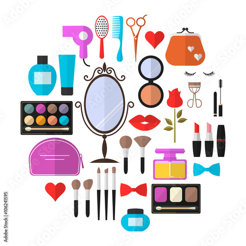 Cosmetic, Makeup and Beauty Vector flat Icons Set . Cosmetic products, makeup brushes, lipstick, perfume, eye makeup. Symbols for fashion, beauty salon or wellness centers. Women accessories.