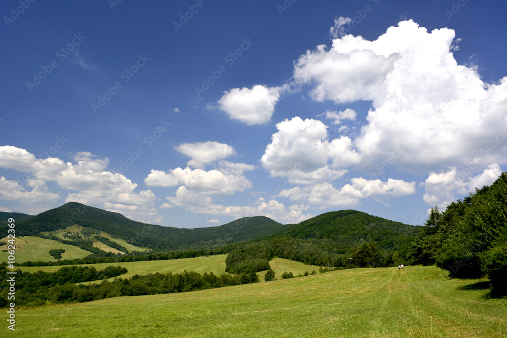Summer landscape in mountains with green meadows and forested hills under blue sky with clouds, Low Beskids (Beskid Niski), Poland 