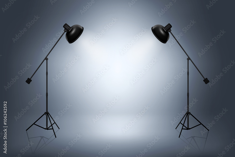 Empty photo studio with spotlights. Realistic vector illustration
