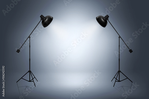 Empty photo studio with spotlights. Realistic vector illustration