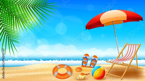 Seashore with a bench and an umbrella