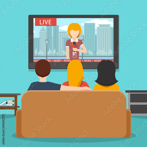 People watching news on television. Vector flat illustration