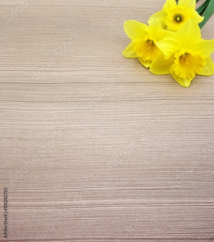 yellow daffodils in the corner of the wooden floor