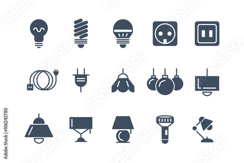 Lamp and bulbs black vector icons set. Electrical symbols