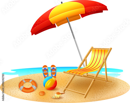 Recliner under garden umbrella in sea beach