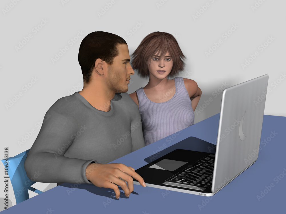 digitally generated illustration of a man and woman working on a laptop computer digitally generated illustration of a man and woman working on a laptop computer