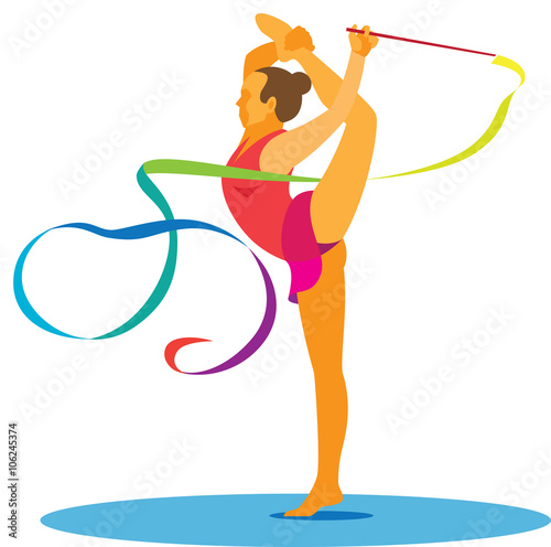 A young woman is rhythmic gymnast with ribbon