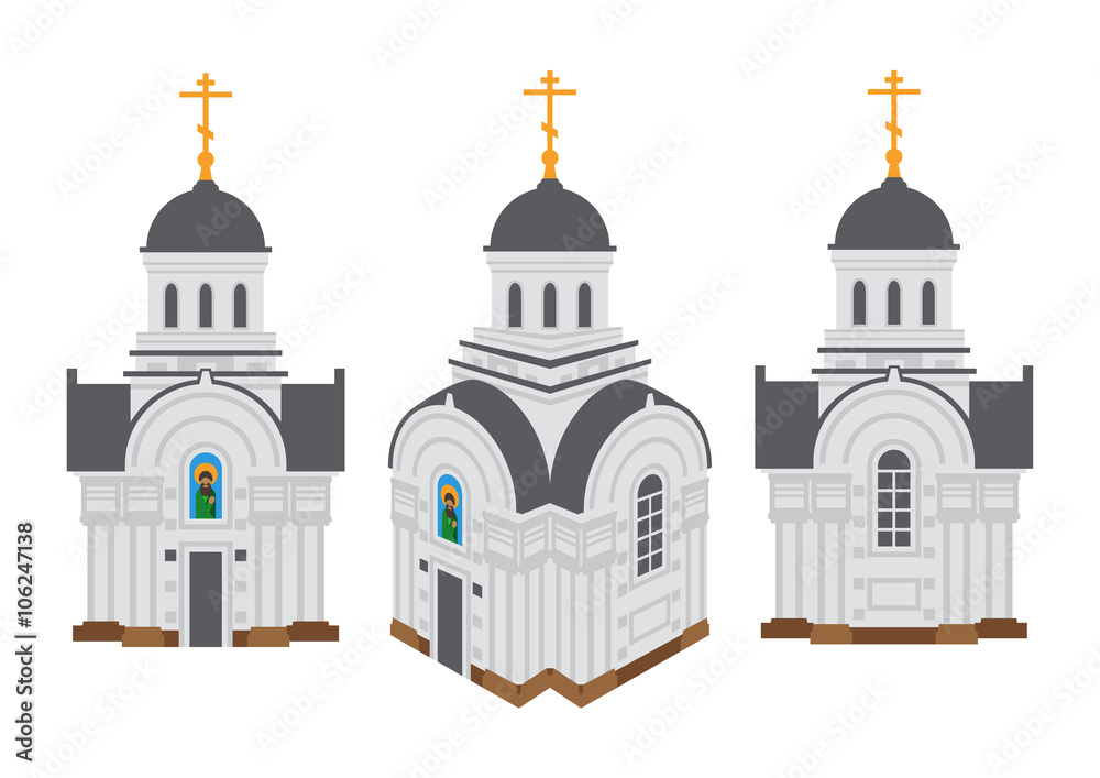 Set flat Orthodox churches, isolated on white background. 2d and 3d perspective view. Vector illustration EPS 10.