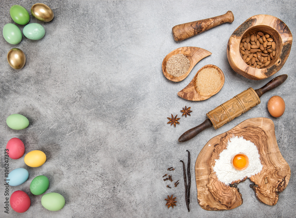Easter baking. Eggs, flour, sugar. Holidays decoration