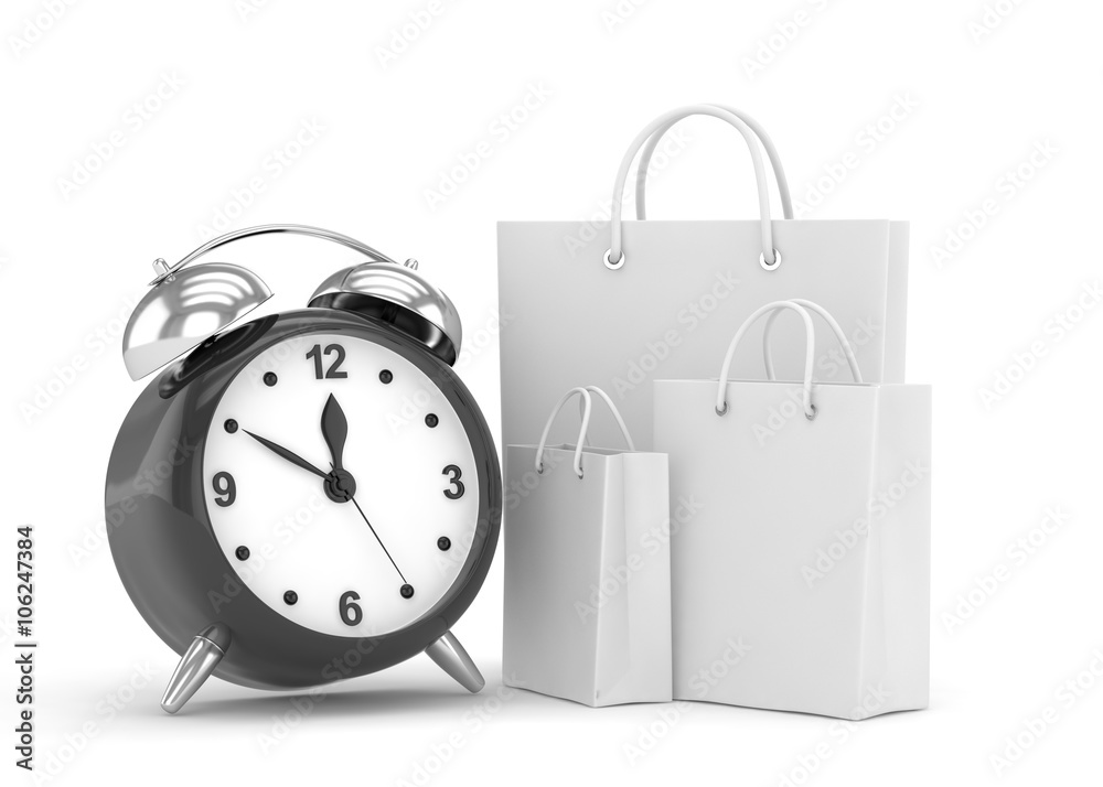 alarm clock and shopping bag (time to buy concept) alarm clock and shopping bag (time to buy concept)