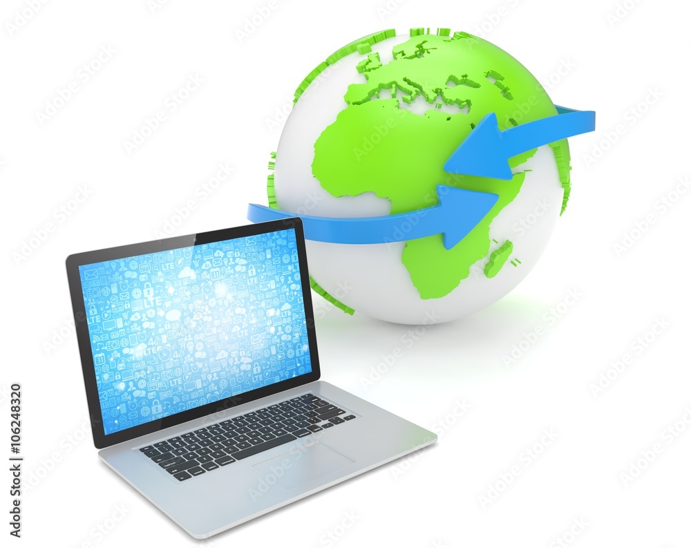Laptop network and earth globe. 3d render Laptop network and earth globe. 3d render