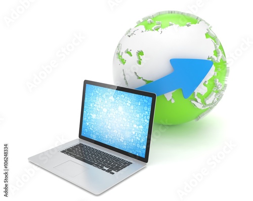 Laptop network and earth globe. 3d render
