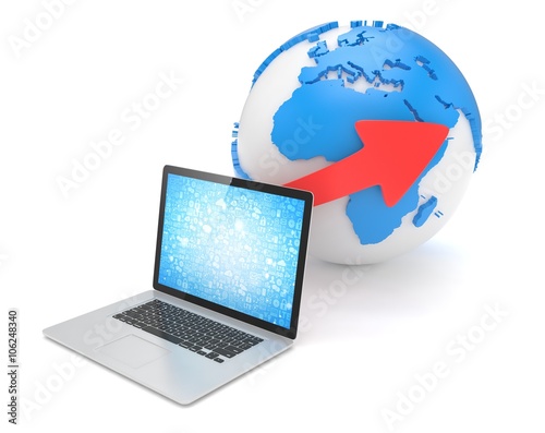 Laptop network and earth globe. 3d render