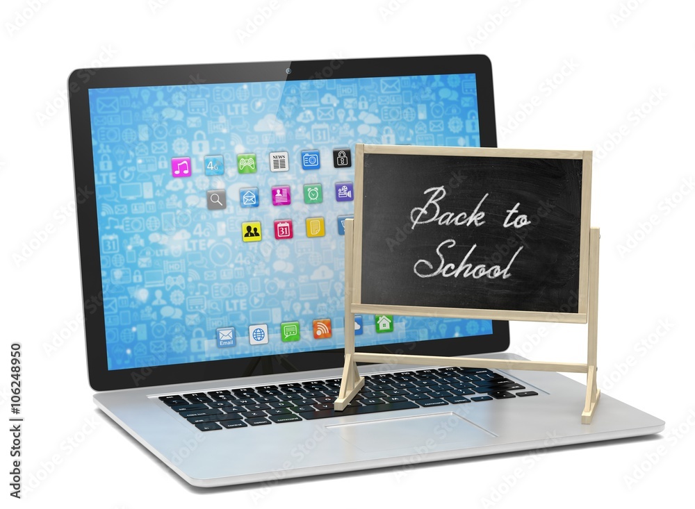 Laptop with chalkboard, back to school, online education concept Laptop with chalkboard, back to school, online education concept