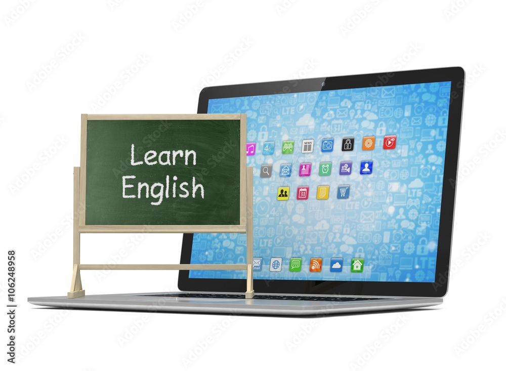 Laptop with chalkboard, learn english, online education concept Laptop with chalkboard, learn english, online education concept