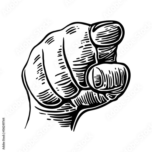 Hand pointing finger at viewer, from front.  Vintage poster  on old paper texture background. Vector black vintage engraved illustration. I want you.