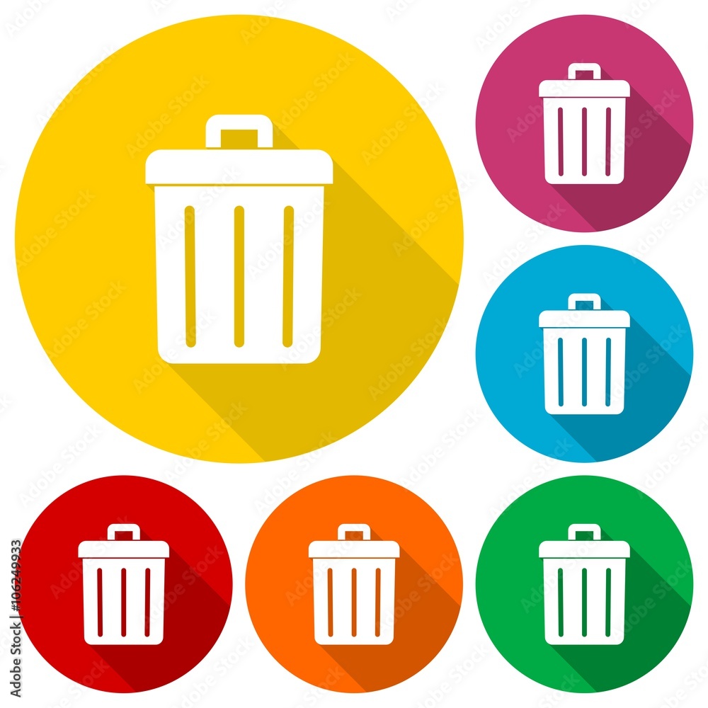 Trash bin or trash can symbol icons set with long shadow Trash bin or trash can symbol icons set with long shadow