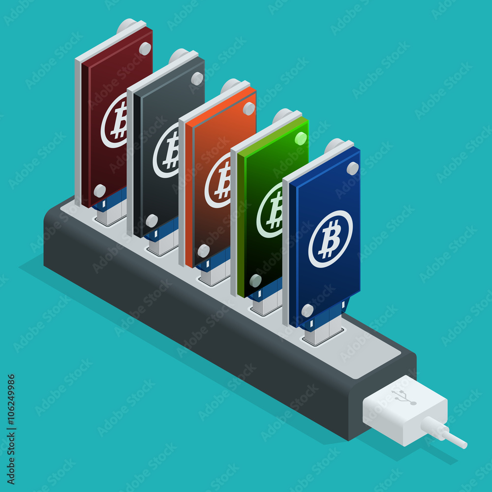 hul upassende Rendition Bitcoin mining USB devices in a row. Flat 3d isometry isometric online  mining bitcoin concept. Bitcoin mining equipment. Stock Vector | Adobe Stock