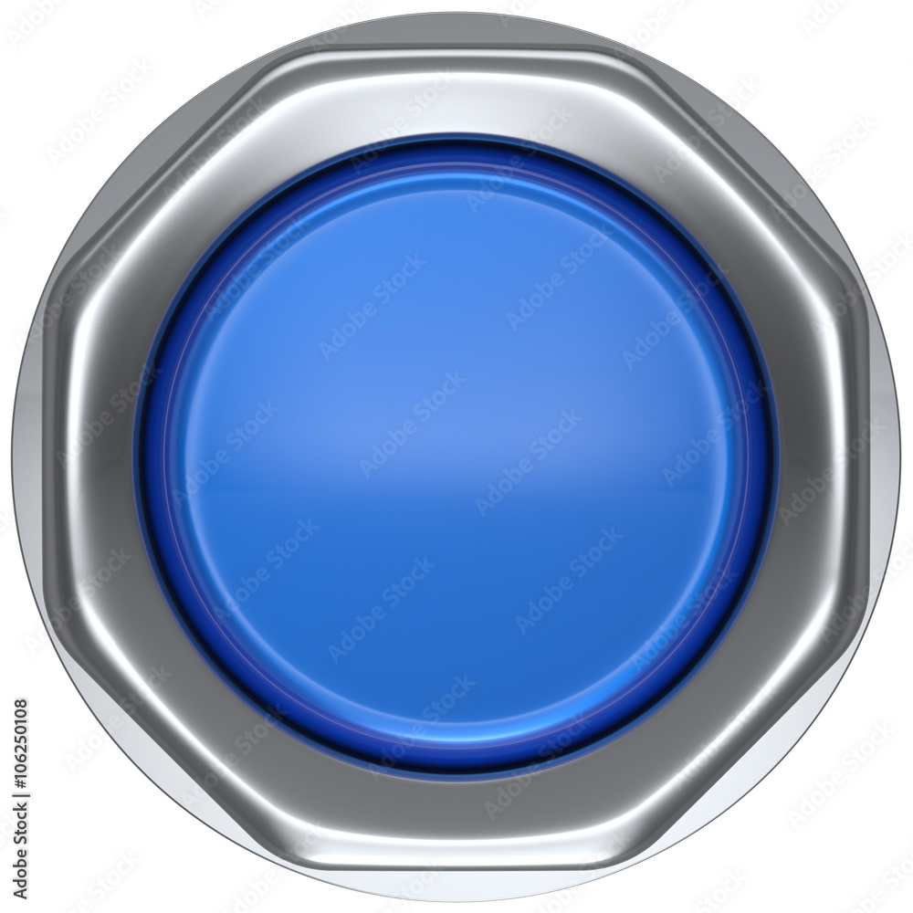 Button blue activate ignition push down military game panic start turn off on action power switch electric design element metallic shiny blank led lamp. 3d render isolated Button blue activate ignition push down military game panic start turn off on action power switch electric design element metallic shiny blank led lamp. 3d render isolated
