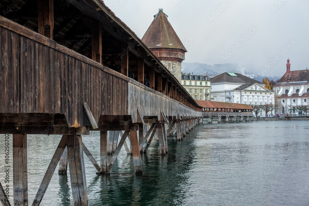 Kapellbrucke chapel bridge with water tower in Lucerne, Switzerland Kapellbrucke chapel bridge with water tower in Lucerne, Switzerland